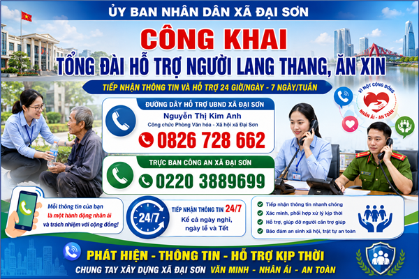 Thông báo về việc công khai Tổng đài điện thoại về hỗ trợ người lang thang, ăn xin của Ủy ban nhân dân xã Đại Sơn, thành phố Hải Phòng