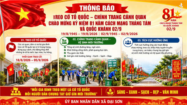 THÔNG BÁO

Về việc treo cờ Tổ quốc, chỉnh trang cảnh quan chào mừng kỷ niệm 81 năm Cách mạng tháng Tám và Quốc khánh 02/9