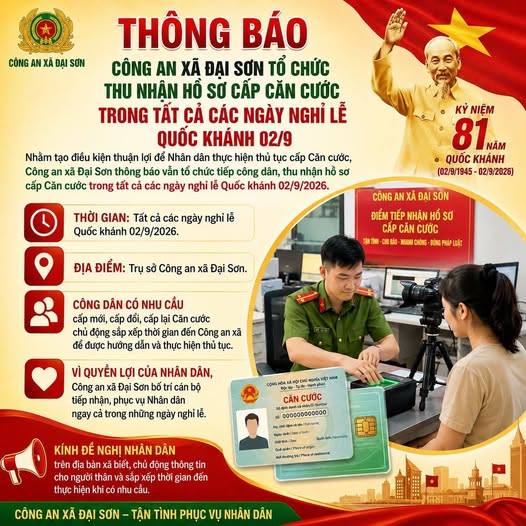 Công an xã Đại Sơn tổ chức thu nhận hồ sơ cấp Căn cước trong tất cả các ngày nghỉ lễ Quốc khánh 02/9