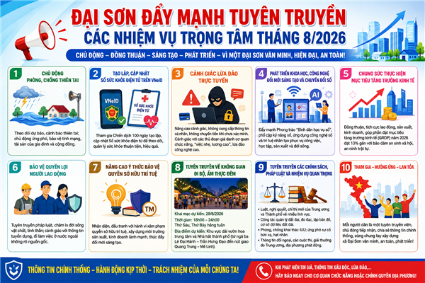 Đại Sơn đẩy mạnh tuyên truyền các nhiệm vụ trọng tâm trong tháng 8/2026