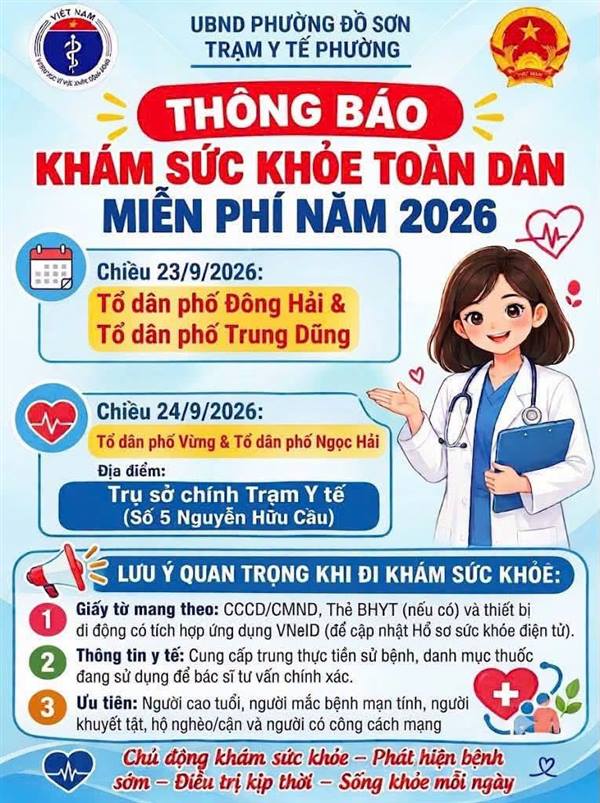 PHƯỜNG ĐỒ SƠN THÔNG BÁO LỊCH KHÁM SỨC KHỎE MIỄN PHÍ CHO NHÂN DÂN NĂM 2026