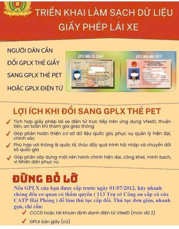 Công an thành phố Hải Phòng đang triển khai làm sạch dữ liệu giấy phép lái xe (GPLX) và kêu gọi người dân đổi giấy phép lái xe cũ sang thẻ PET để đồng bộ dữ liệu, tăng bảo mật và thuận tiện sử dụng.
