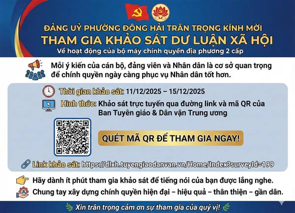 ĐẢNG UỶ PHƯỜNG ĐÔNG HẢI TRÂN TRỌNG KÍNH MỜI THAM GIA KHẢO SÁT DƯ LUẬN XÃ HỘI