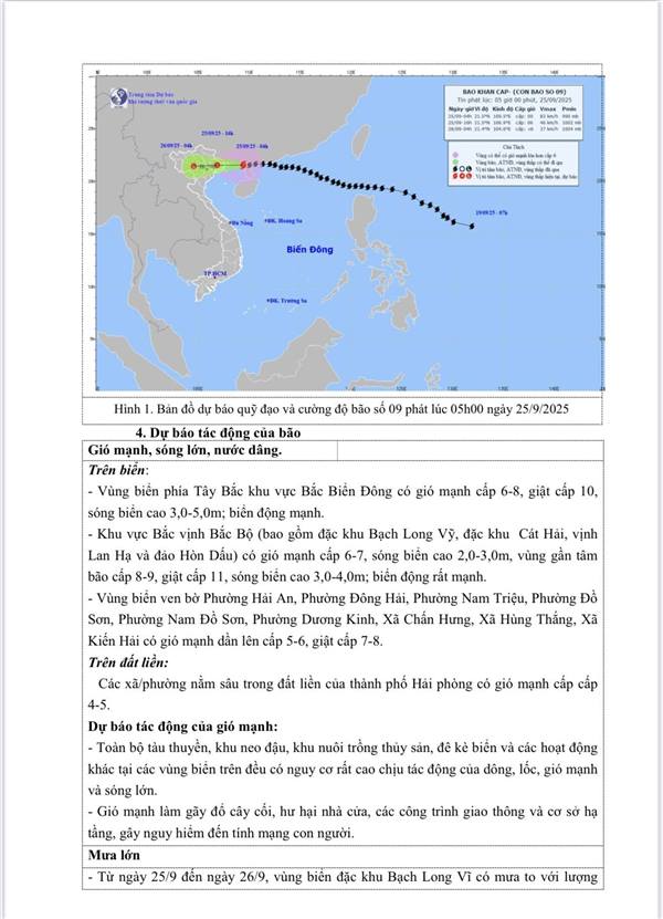 TIN BÃO KHẨN CẤP (Cơn bão số 9). Hồi 04 giờ ngày 25/9 bão cách Móng Cái (Quảng Ninh) khoảng 170km về phía Đông. Sức gió mạnh nhất vùng gần tâm bão mạnh cấp 9 (75-88km/giờ), giật cấp 11