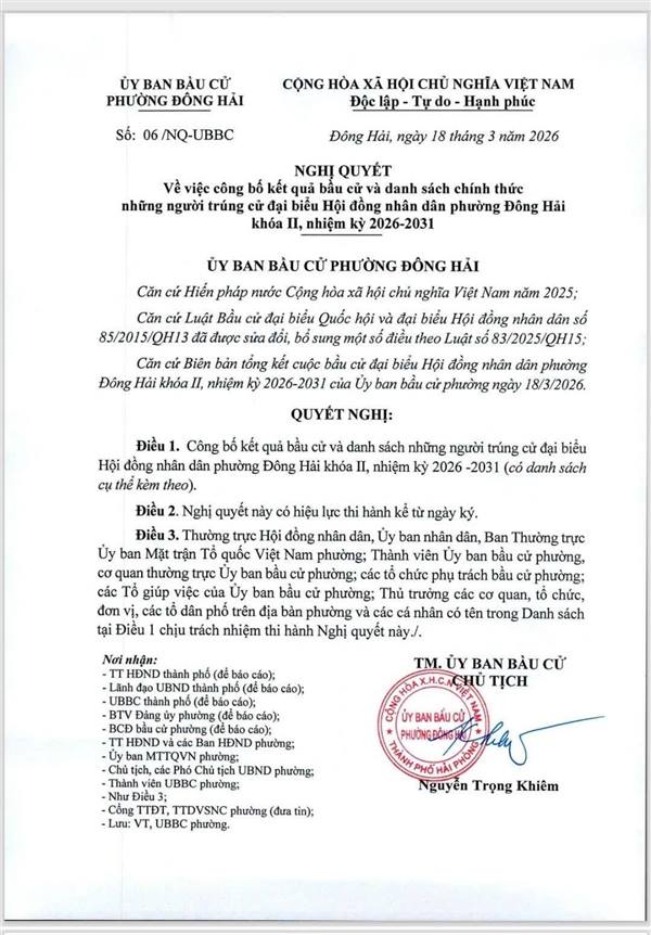 Phường Đông Hải công bố danh sách đại biểu trúng cử HĐND phường khóa II nhiệm kỳ 2026–2031

