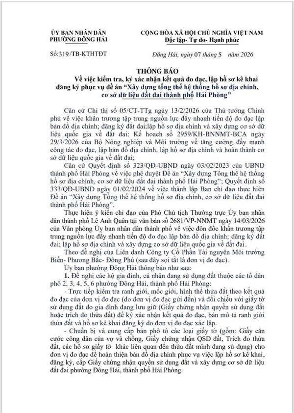 THÔNG BÁO V/v kiểm tra, ký xác nhận kết quả đo đạc đất đai trên địa bàn phường Đông Hải