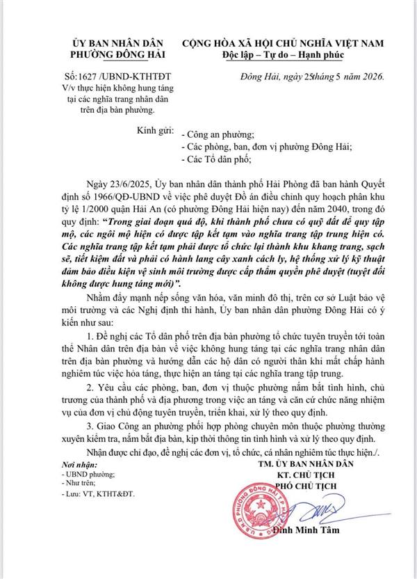 UBND phường Đông Hải thông báo và đề nghị toàn thể Nhân dân nghiêm túc thực hiện không hung táng mới tại các nghĩa trang nhân dân trên địa bàn phường.