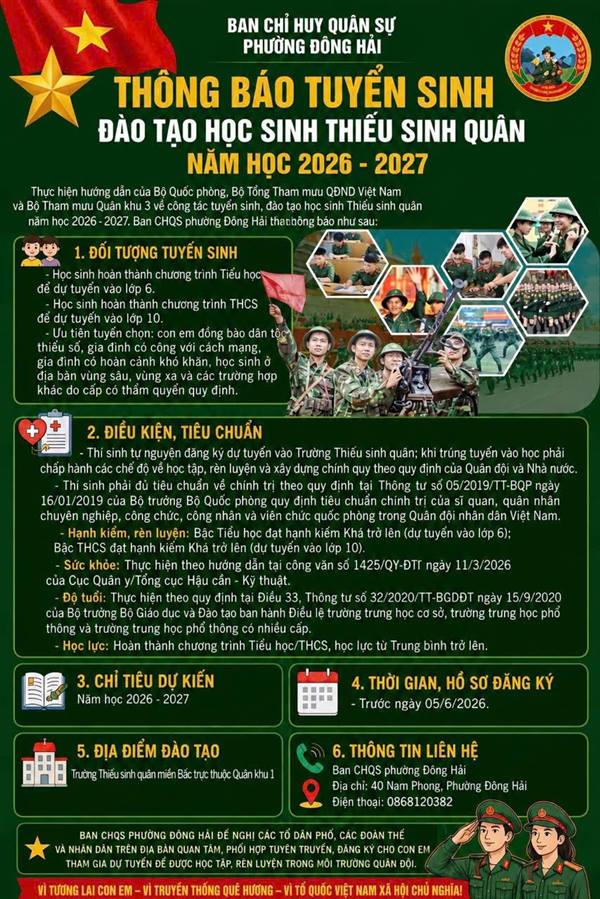 BAN CHỈ HUY QUÂN SỰ PHƯỜNG ĐÔNG HẢI THÔNG BÁO TUYỂN SINH ĐÀO TẠO HỌC SINH THIẾU SINH QUÂN NĂM HỌC 2026 - 2027
