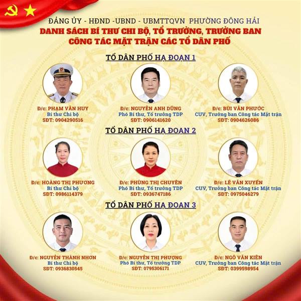 GIỚI THIỆU DANH SÁCH BÍ THƯ CHI BỘ, TỔ TRƯỞNG TỔ DÂN PHỐ, TRƯỞNG BAN CÔNG TÁC MẶT TRẬN CÁC TỔ DÂN PHỐ PHƯỜNG ĐÔNG HẢI