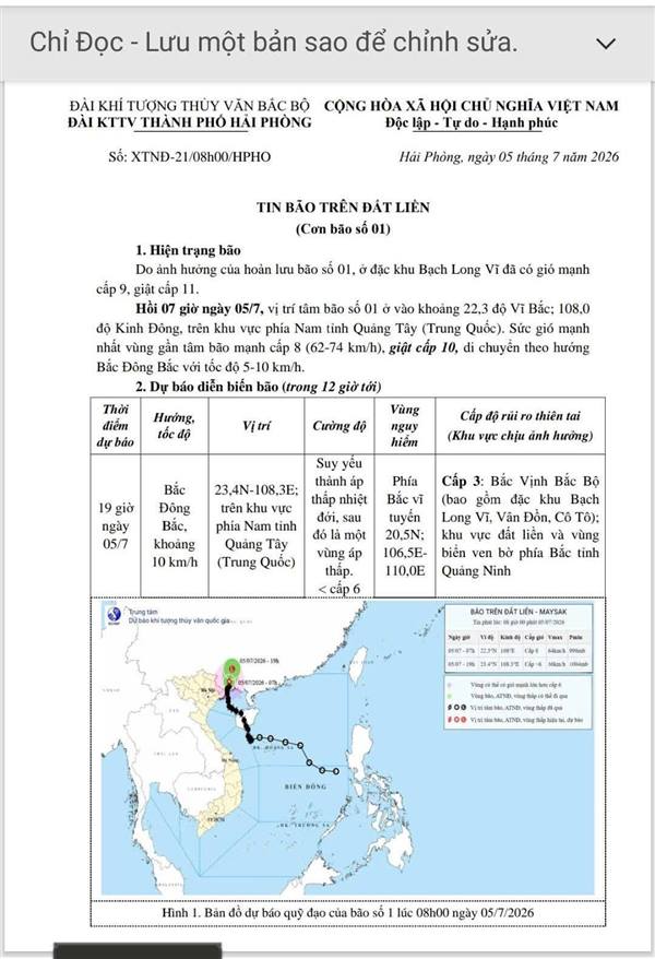 THÔNG TIN DIỄN BIẾN CƠN BÃO SỐ 01 (MAYSAK) NGÀY 05/7