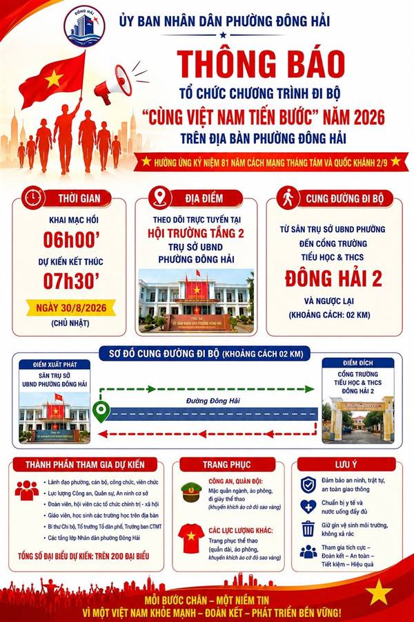 THÔNG BÁO: Hưởng ứng Chương trình đi bộ “Cùng Việt Nam tiến bước” năm 2026 trên địa bàn phường Đông Hải
