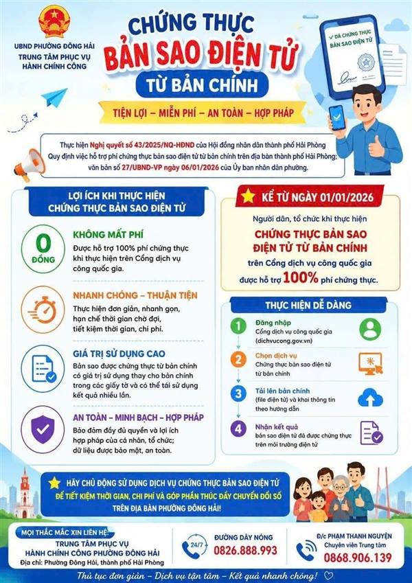 Miễn phí 100% chứng thực bản sao điện tử từ bản chính