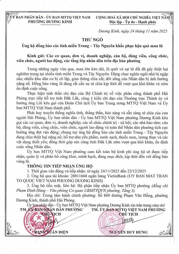 Phường Dương Kinh phát động ủng hộ đồng bào miền Trung – Tây Nguyên khắc phục hậu quả mưa lũ