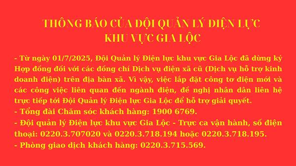 THÔNG BÁO CỦA ĐỘI QUẢN LÝ ĐIỆN LỰC KHU VỰC GIA LỘC