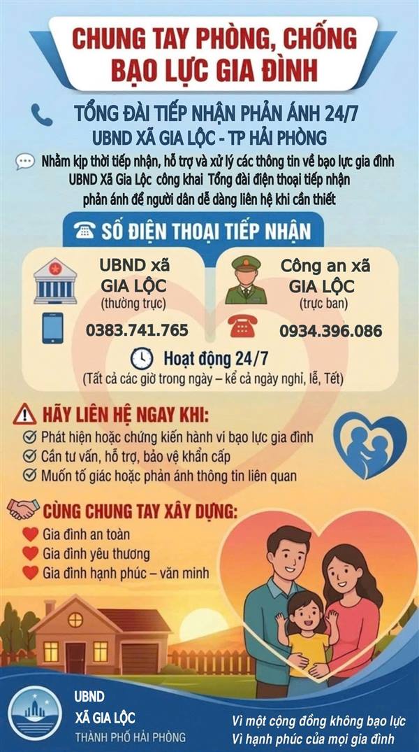 Thông báo công khai Tổng đài điện thoại về phòng, chống bạo lực gia đình của UBND xã Gia Lộc