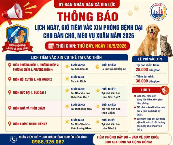 THÔNG BÁO tổ chức tiêm vác xin phòng chống bệnh dại cho đàn chó vụ Xuân năm 2026 trên địa bàn xã Gia Lộc