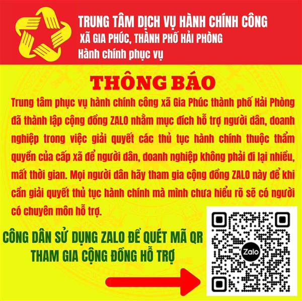 TRUNG TÂM PHỤC VỤ HÀNH CHÍNH CÔNG XÃ GIA PHÚC THÔNG BÁO HỖ TRỢ NGƯỜI DÂN, DOANH NGHIỆP GIẢI QUYẾT TTHC QUA NHÓM ZALO CỘNG ĐỒNG