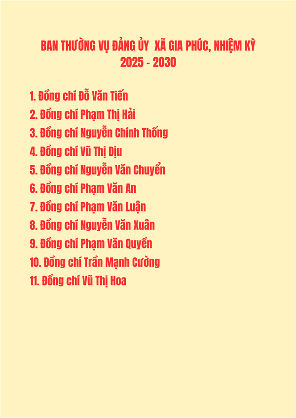 BAN THƯỜNG VỤ ĐẢNG ỦY XÃ GIA PHÚC, NHIỆM KỲ 2025 – 2030