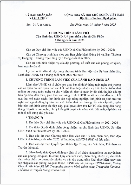 CHƯƠNG TRÌNH LÀM VIỆC CỦA LÃNH ĐẠO, UBND XÃ GIA PHÚC 6 THÁNG CUỐI NĂM 2025