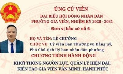  CHƯƠNG TRÌNH HÀNH ĐỘNG ỨNG CỬ VIÊN ĐẠI BIỂU HĐND PHƯỜNG GIA VIÊN, NHIỆM KỲ 2026 - 2031

👤Ứng cử viên: Lê Chưởng (Uỷ viên Ban Thường vụ Đảng uỷ, Phó Chủ tịch Uỷ ban nhân dân phường Gia Viên).
