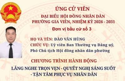 CHƯƠNG TRÌNH HÀNH ĐỘNG ỨNG CỬ VIÊN ĐẠI BIỂU HĐND PHƯỜNG GIA VIÊN, NHIỆM KỲ 2026 - 2031

👤Ứng cử viên: Đào Văn Hùng (Uỷ viên Ban Thường vụ Đảng uỷ, Phó Chủ tịch Hội đồng nhân dân phường Gia Viên).