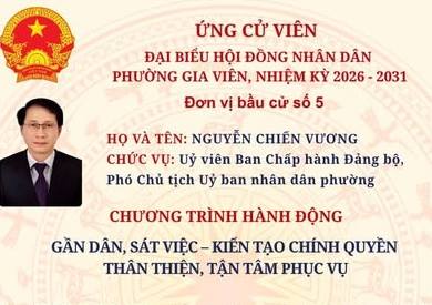  CHƯƠNG TRÌNH HÀNH ĐỘNG ỨNG CỬ VIÊN ĐẠI BIỂU HĐND PHƯỜNG GIA VIÊN, NHIỆM KỲ 2026 - 2031

👤Ứng cử viên: Nguyễn Chiến Vương (Uỷ viên Ban Chấp hành Đảng bộ phường, Phó Chủ tịch Uỷ ban nhân dân phường Gia Viên).