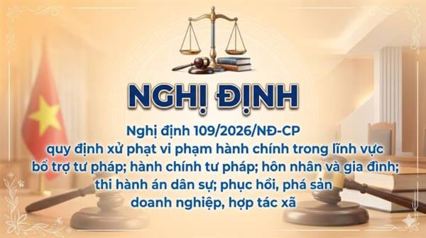 Nghị định số 109/2026/NĐ-CP ngày 01/4/2026 của Chính phủ: Quy định xử phạt vi phạm hành chính trong lĩnh vực bổ trợ tư pháp; hành chính tư pháp; hôn nhân và gia đình; thi hành án dân sự; phục hồi, phá sản doanh nghiệp, hợp tác xã