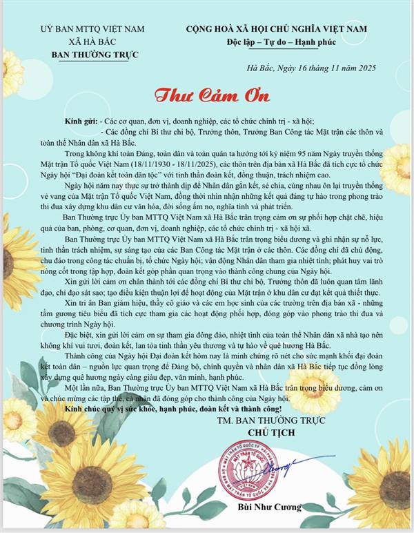 Thư Cảm ơn của Ban thường trực Ủy ban MTTQ Việt Nam xã Hà Bắc