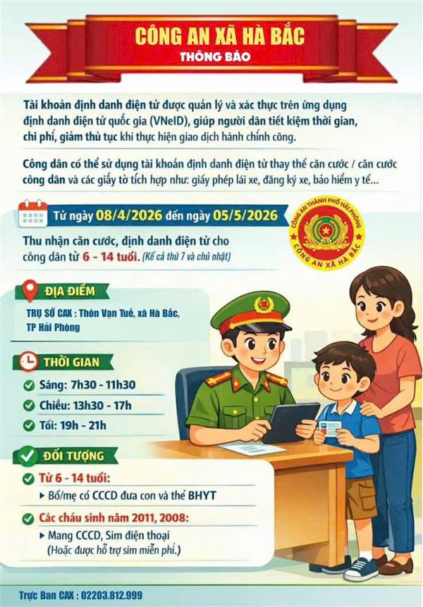 Công an xã Hà Bắc triển khai cấp CCCD và tài khoản định danh điện tử VNeiD mức 2 cho công dân từ 6-14 tuổi