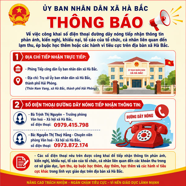 Thông báo số điện thoại đường dây nóng tiếp nhận thông tin
phản ánh, kiến nghị, khiếu nại, tố cáo của tổ chức, cá nhân liên quan đến
lạm thu, ép buộc học thêm hoặc các hành vi tiêu cực trên địa bàn xã Hà Bắc