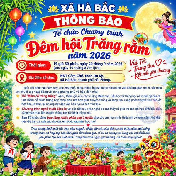 Xã Hà Bắc tổ chức "Đêm hội Trăng rằm" năm 2026 với chủ đề "Trăng rằm tri thức, thắp sáng tương lai" vào tối ngày 20/9