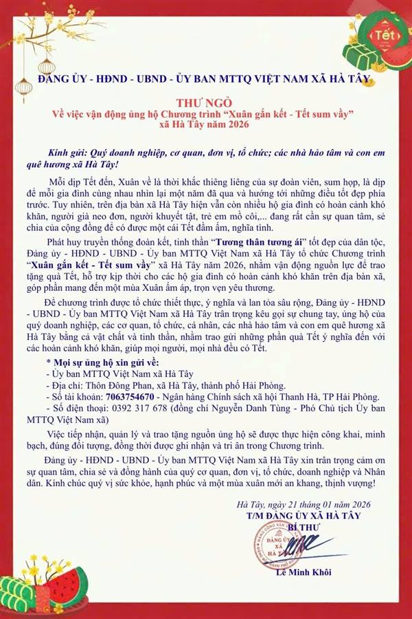 Thư ngỏ về việc ủng hộ Chương trình "Xuân gắn kết - Tết sum vầy" xã Hà Tây năm 2026
