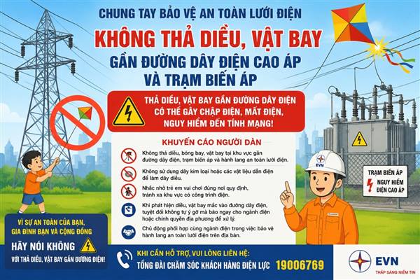Tăng cường tuyên truyền không thả diều, vật bay gần đường dây điện cao áp và trạm biến áp