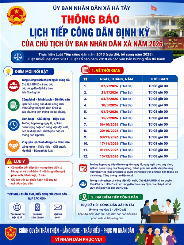 THÔNG BÁO CỦA UBND XÃ HÀ TÂY VỀ LỊCH TIẾP CÔNG DÂN 06 THÁNG CUỐI NĂM 2026