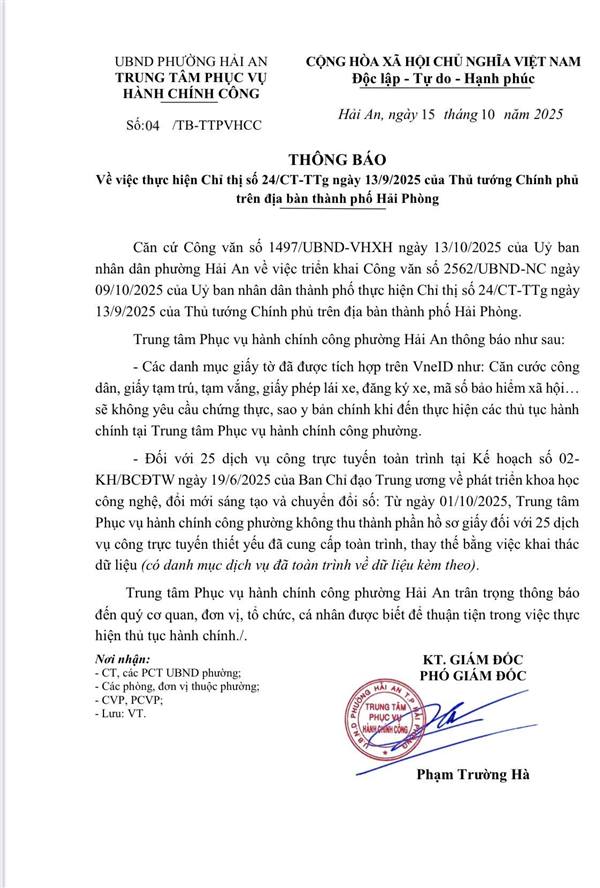 Thông báo về việc thực hiện Chỉ thị số 24/CT-TTg ngày 13/9/2025 của Thủ tướng Chính phủ trên địa bàn thành phố Hải Phòng