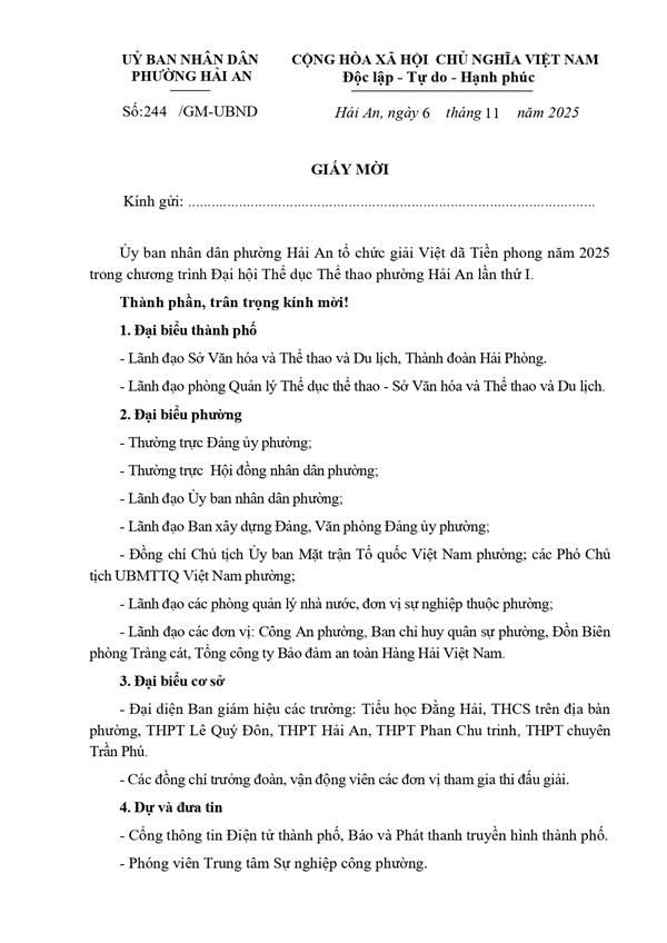 Ủy ban nhân dân phường Hải An tổ chức giải Việt dã Tiền phong năm 2025
trong chương trình Đại hội Thể dục Thể thao phường Hải An lần thứ I.