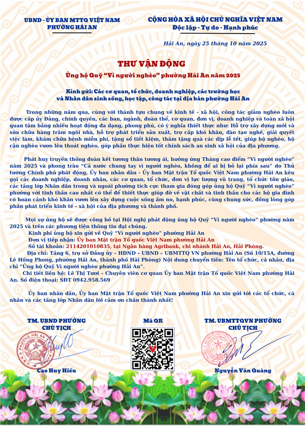 Thư vận động ủng hộ quỹ vì người nghèo phường Hải An năm 2025