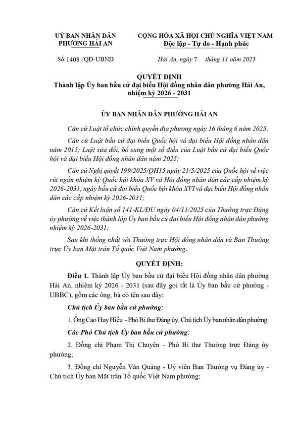 QUYẾT ĐỊNH
Thành lập Ủy ban bầu cử đại biểu Hội đồng nhân dân phường Hải An,
nhiệm kỳ 2026 - 2031