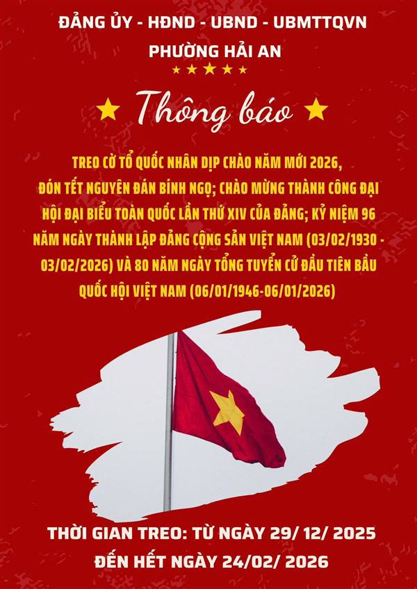 PHƯỜNG HẢI AN  THÔNG BÁO VỀ VIỆC TREO CỜ TỔ QUỐC