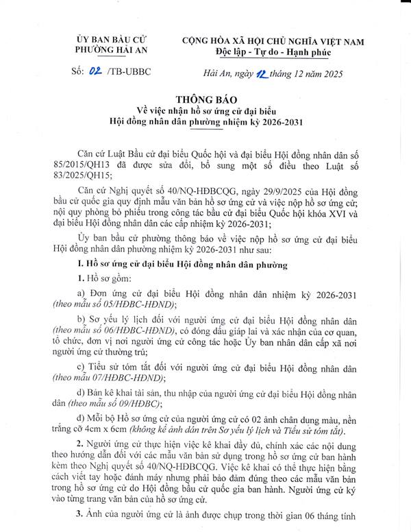 Thông báo về việc nhận hồ sơ ứng cử đại biểu Hội đồng nhân dân phường nhiệm kỳ 2026-2031