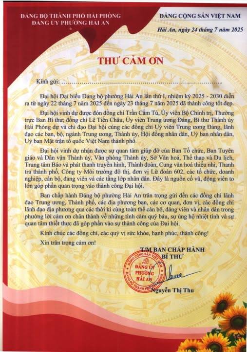 THƯ CẢM ƠN CỦA BAN CHẤP HÀNH ĐẢNG BỘ PHƯỜNG HẢI AN