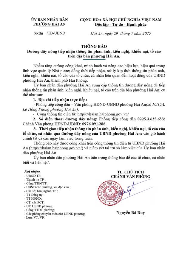 Thông Báo Đường dây nóng tiếp nhận thông tin phản ánh, kiến nghị, khiếu nại, tố cáo trên địa bàn p Hải An.