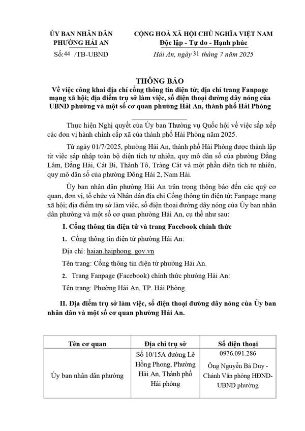 Thông báo công khai địa chỉ cổng thông tin điện tử; địa điểm trụ sở làm việc của UBND phường và một số cơ quan phường Hải An