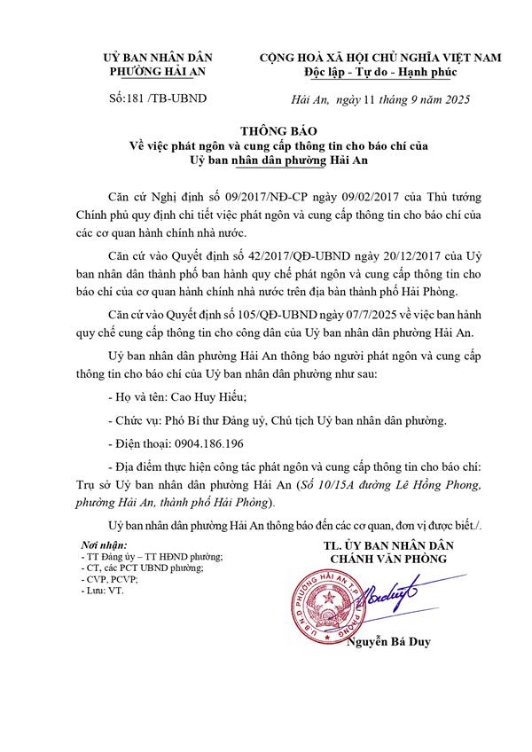 TB: về việc phát ngôn và cung cấp thông tin cho báo chí của UBND phường