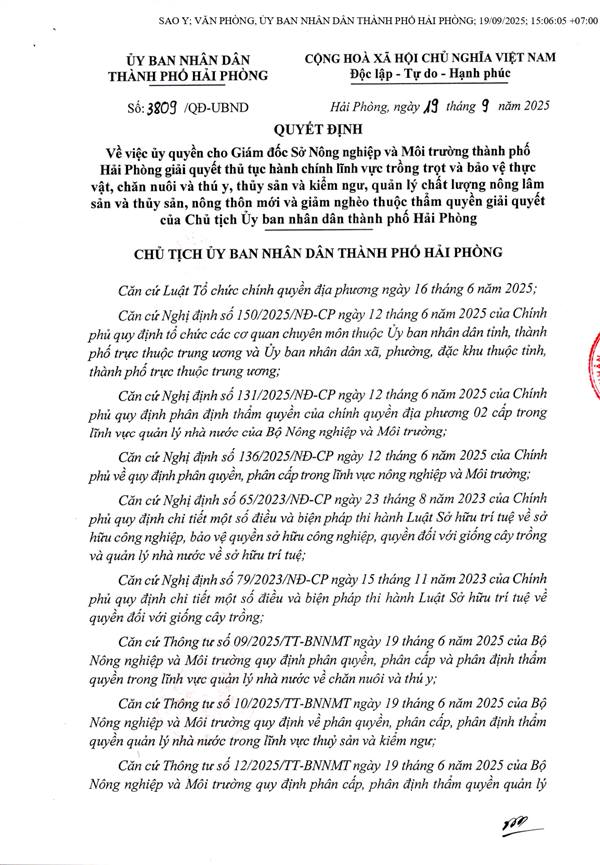 Ủy quyền cho Giám đốc Sở Nông nghiệp và Môi trường thành phố Hải Phòng giải quyết thủ tục hành chính lĩnh vực trồng trọt và bảo vệ thực vật, chăn nuôi và thú y, thủy sản và kiểm ngư, quản lý chất lượng nông lâm sản và thủy sản, nông thôn mới và giảm nghèo thuộc thẩm quyền của Chủ tịch Ủy ban nhân dân thành phố Hải Phòng