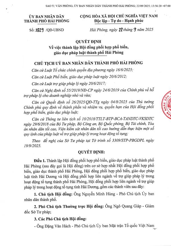 Quyết định  thành lập Hội đồng phối hợp phổ biến, giáo dục pháp luật thành phố Hải Phòng