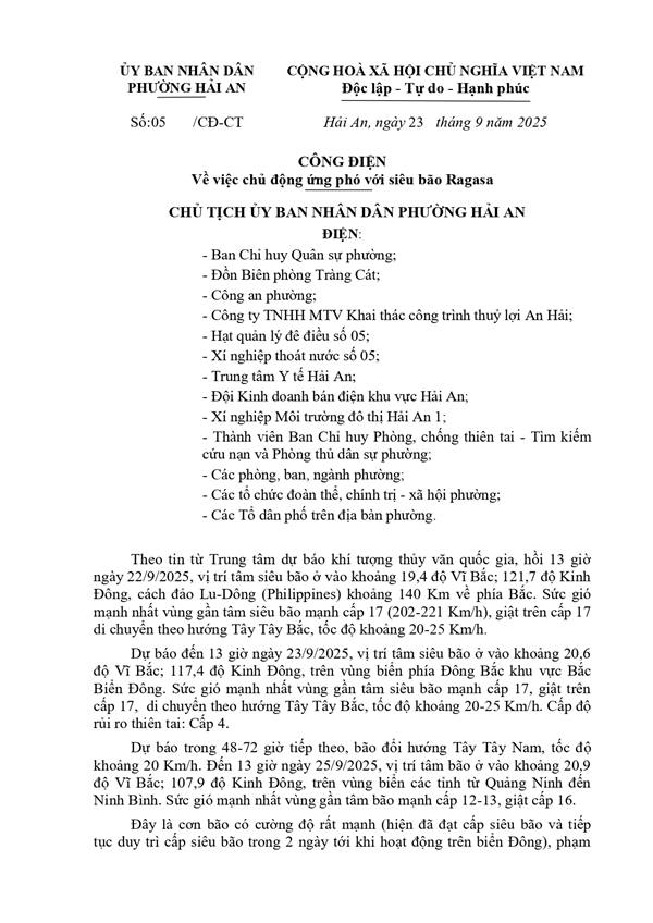 UBND phường Hải An Báo cáo UBND Thành phố Công điện chỉ đạo ứng phó với bão số 9