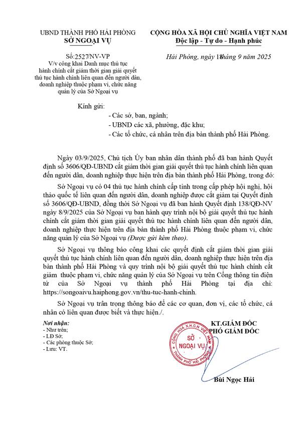 V/v công khai Danh mục thủ tục hành chính cắt giảm thời gian giải quyết thủ tục hành chính liên quan đến người dân, doanh nghiệp thuộc phạm vi, chức năng quản lý của Sở Ngoại vụ