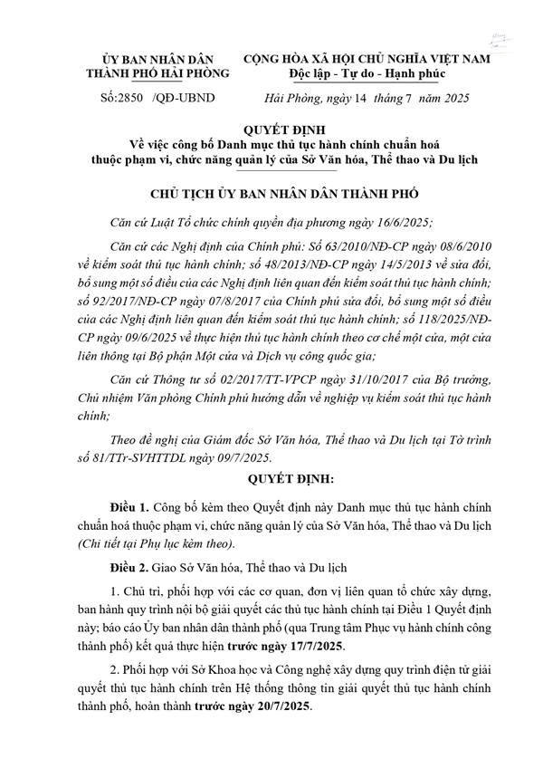 QUYẾT ĐỊNH
Về việc công bố Danh mục thủ tục hành chính chuẩn hoá
thuộc phạm vi, chức năng quản lý của Sở Văn hóa, Thể thao và Du lịch