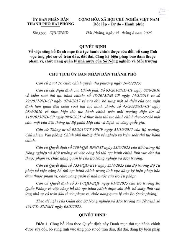 QUYẾT ĐỊNH
Về việc công bố Danh mục thủ tục hành chính được sửa đổi, bổ sung lĩnh
vực ứng phó sự cố tràn dầu, đất đai, đăng ký biện pháp bảo đảm thuộc
phạm vi, chức năng quản lý nhà nước của Sở Nông nghiệp và Môi trường